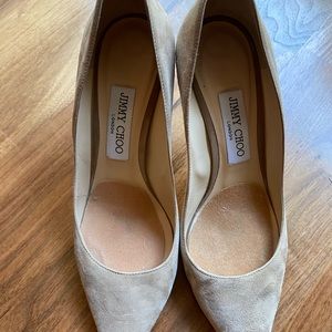 Jimmy Choo Romy 85 Nude Suede Leather Pumps 38.5, 100% Authentic